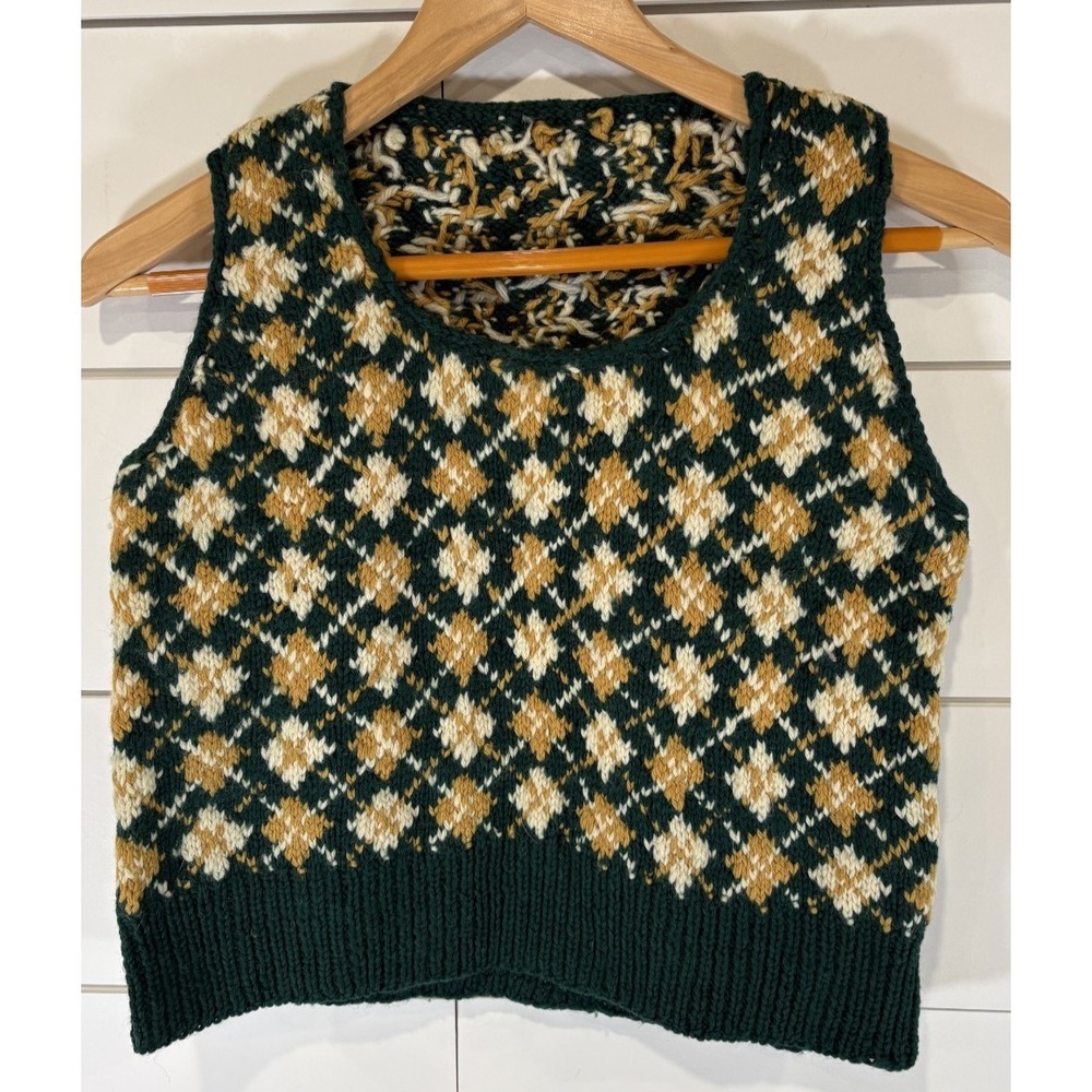 Vintage Sweater Vest Yellow Green Cream Argyle Men Women Hand Crocheted